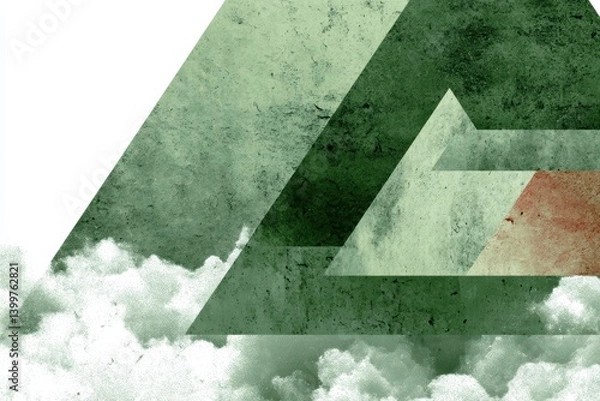 Fototapeta Abstract geometric triangle background with vintage green tones and grainy texture above soft white clouds. Minimal digital art wallpaper backdrop
