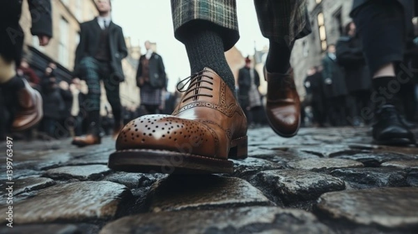 Fototapeta Polished brogues step on cobblestone streets during National Tartan Day parade celebration in Scotland