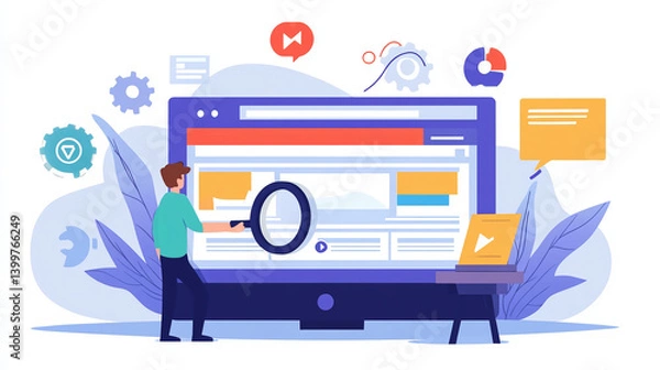 Fototapeta Website analysis and seo optimization concept with magnifying glass and data charts for digital marketing