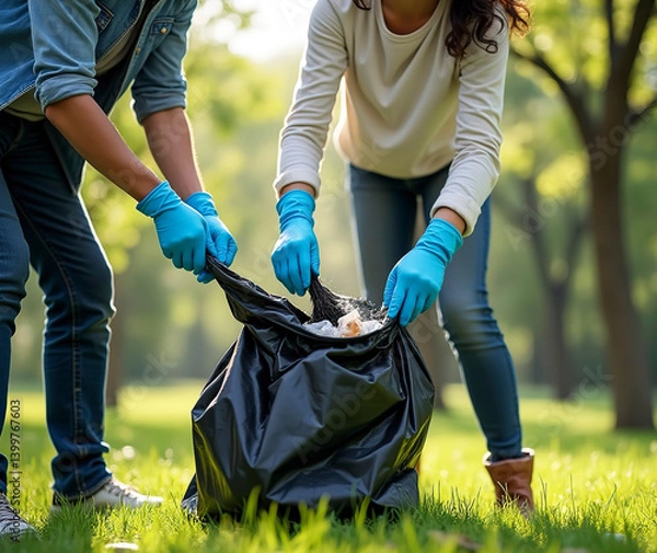 Obraz Young volunteers cleaning up forest together, collecting trash and holding garbage bags.