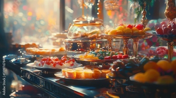 Fototapeta A beautifully arranged dessert table featuring an array of colorful pastries and sweets in a festive setting