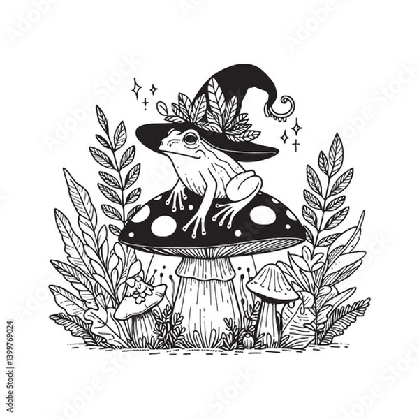 Fototapeta Illustration features a charming frog sitting atop a large mushroom amidst leafy plants, wearing a whimsical hat. The black-and-white design combines fantasy and nature, offering an enchanting fairy t