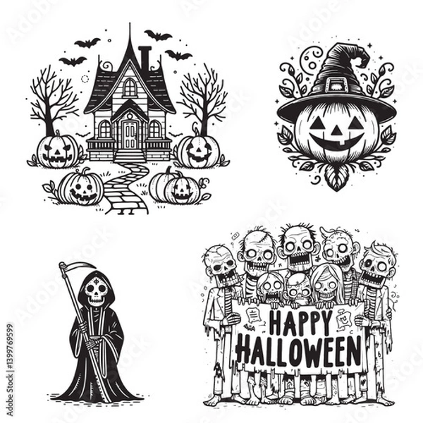 Fototapeta Collection of Spooky Halloween Illustrations Featuring Pumpkins and Skeletons