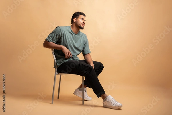 Fototapeta Colombian man posing sitting on chair in studio looking away