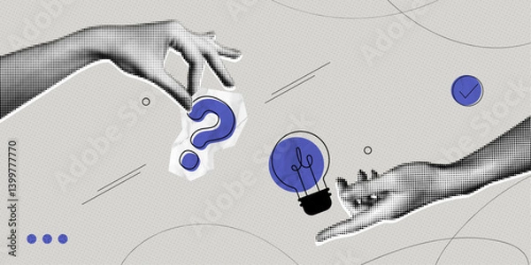 Fototapeta Trendy Halftone Collage Problem solving concept. Two hands hold lightbulb and question mark. Business solution. Creative mind or brainstorm. Ask for reply. Contemporary vector illustration art