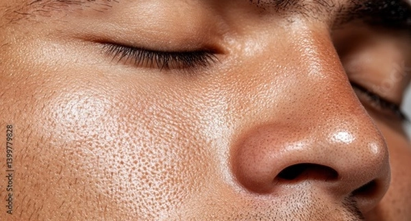 Fototapeta Close-up of a man's face with closed eyes, showcasing skin texture and pores.