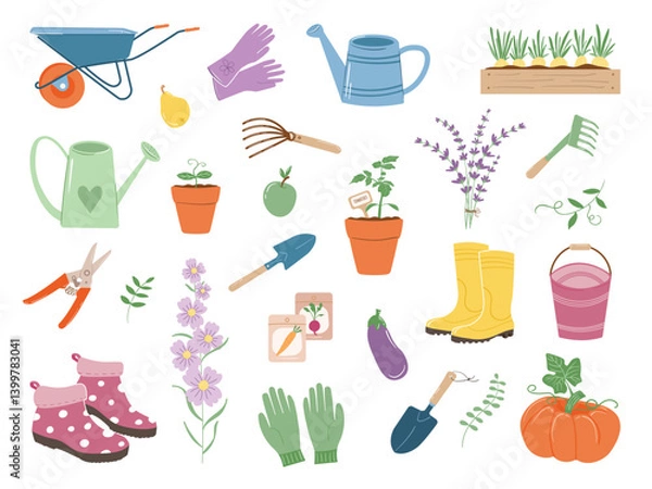 Fototapeta A set of garden tools, potted plants, and elements. Transplanting and caring for plants. Gardening