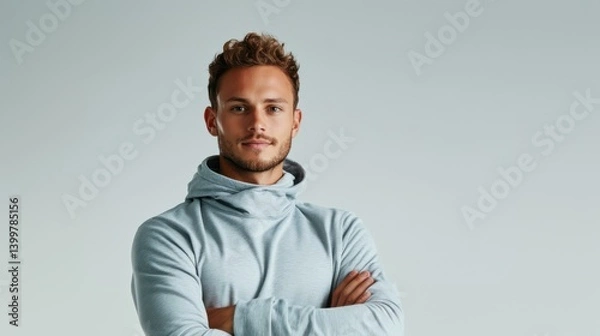 Obraz Confident athletic man with folded arms gazes with determination wearing a gray sports turtleneck pullover