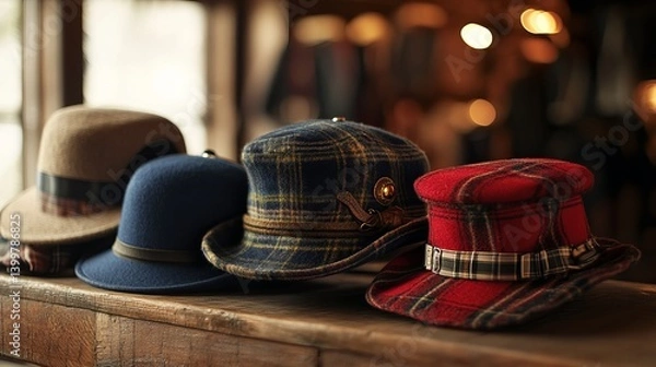 Fototapeta Traditional Scottish hats displayed on a wooden table for National Tartan Day celebration