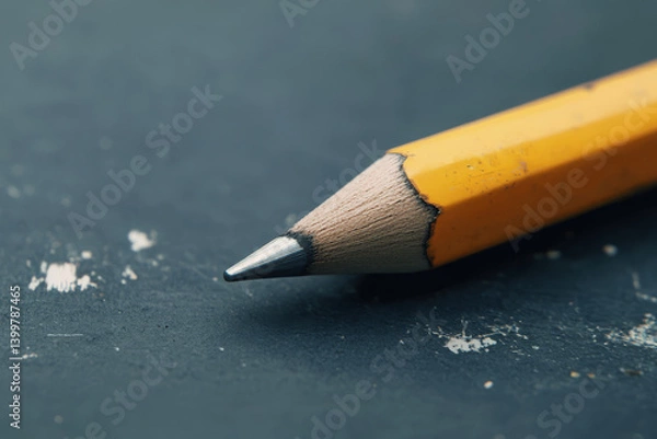 Fototapeta Close-up view of a sharpened pencil resting on a textured table surface with artistic details and a soft light setting