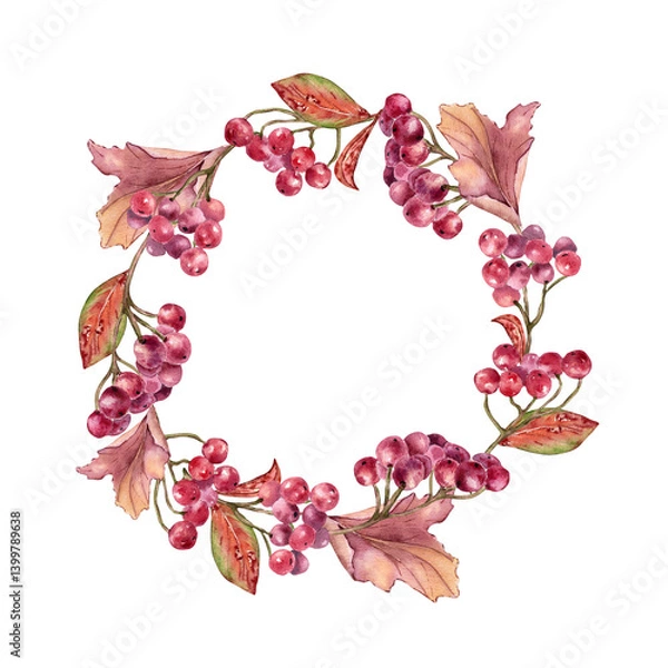 Obraz Viburnum berry frame in watercolor style hand drawn isolated. Delicate guelder rose branches with leaves for fall themed designs, botanical wreaths, product packaging and label, scrapbooking.