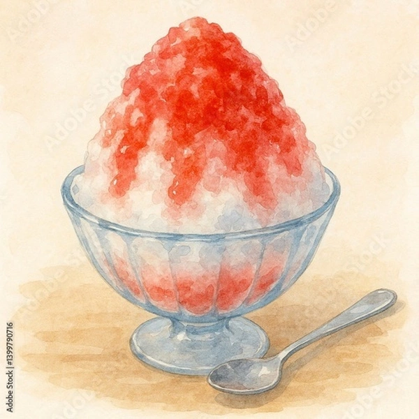 Fototapeta 水彩風のいちごシロップかき氷イラストとガラスの器 Generative AI	

