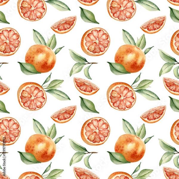 Obraz Red oranges, leaves watercolor seamless background isolated. Citrus summer textile pattern. Whole and half grapefruit and foliage hand drawn. Juicy fruits fresh texture in botanical style painted.