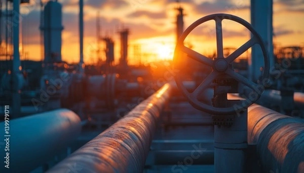 Obraz Industrial pipeline network at sunset.  Large pipes, valves, and machinery at a gas processing facility.  Golden light highlights the intricate network