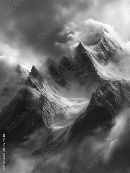Fototapeta Majestic black and white mountain landscape with dramatic lighting. A timeless view of sharp peaks and snow-covered ridges in a misty atmosphere.