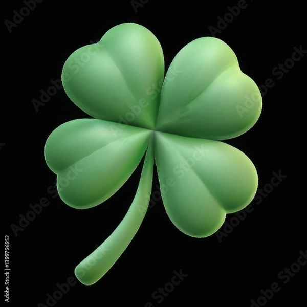 Fototapeta Simple and Minimalistic Digital Illustration of a Green FourLeaf Clover on Black Background with Symmetrical Pattern.