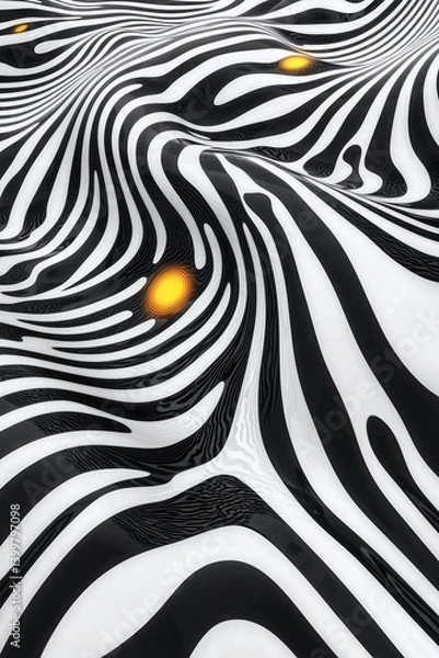 Fototapeta Monochrome striped room with floating golden spheres. A striking contrast of surreal geometry and elegant gold – perfect for modern art and visual concepts.