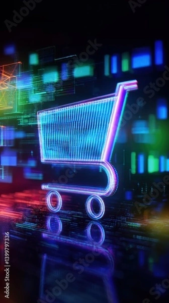 Obraz Glowing neon holographic shopping cart icon floats in digital space, highlighting ecommerce, cart icon use in mobile shopping platforms