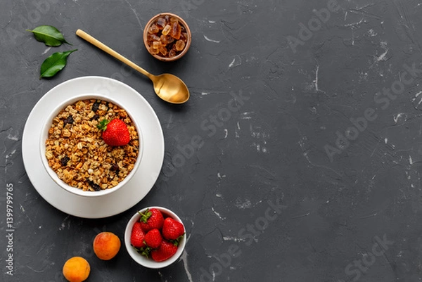 Fototapeta Bowl with oatmeal granola and ingredients - apricots and strawberry. Top view