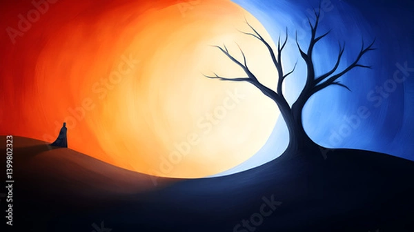 Obraz A vivid, abstract landscape featuring a solitary tree under a large, multicolored sun.