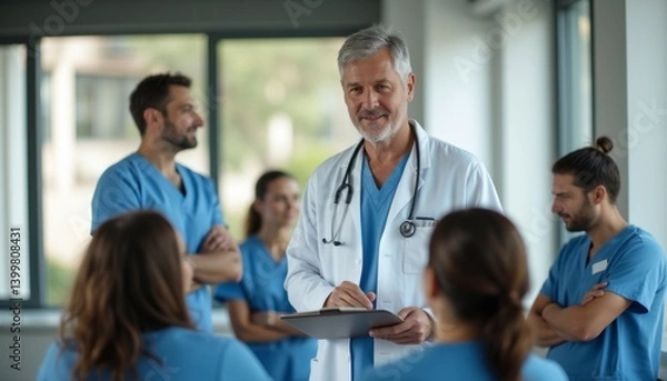 Obraz A seasoned male doctor in a white coat engages with a group of attentive nurses in scrubs, fostering a collaborative atmosphere. The image captures the essence of teamwork in a healthcare setting