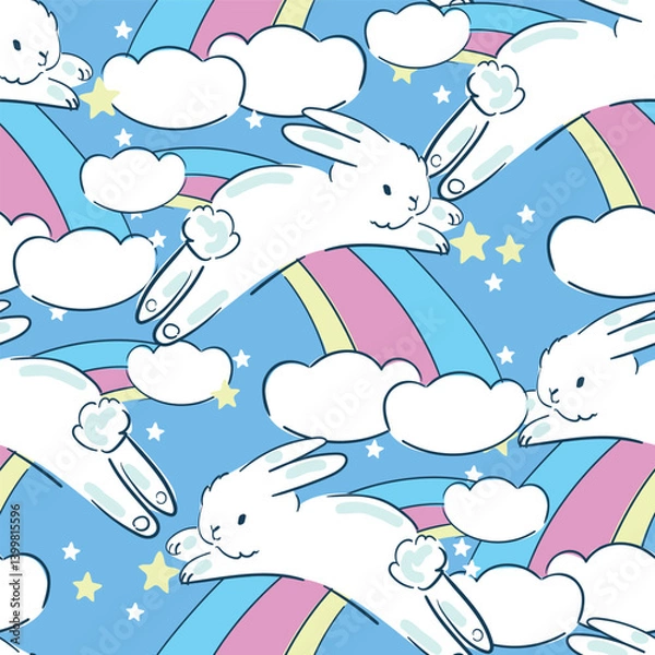 Fototapeta Seamless pattern Bunnys and rainbow background. Cute little rabbit background. Hand Drawn vector illustration textile design.
