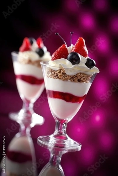 Fototapeta Delicious Strawberry and Blueberry Parfait in Elegant Glassware against a Vibrant Magenta Backdrop, Capturing a Moment of Indulgence and Culinary Delight
