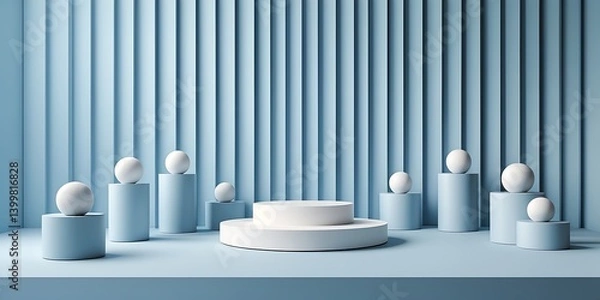 Fototapeta Minimal abstract scene with geometric podiums and spheres in a monochrome blue setting, perfect for product display, modern branding, and clean design backgrounds

