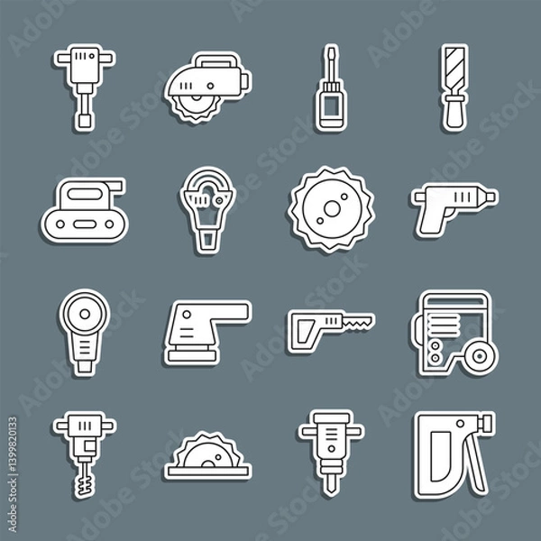 Fototapeta Set line Construction stapler, Power electric generator, Electric cordless screwdriver, Screwdriver, Angle grinder, planer tool, jackhammer and Circular saw blade icon. Vector