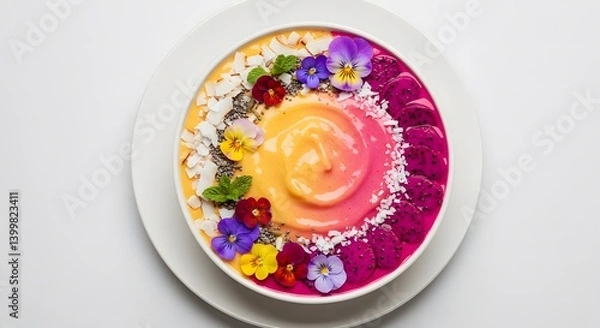 Fototapeta top view pretty mango and dragon fruit smoothie bowl isolated on white background.