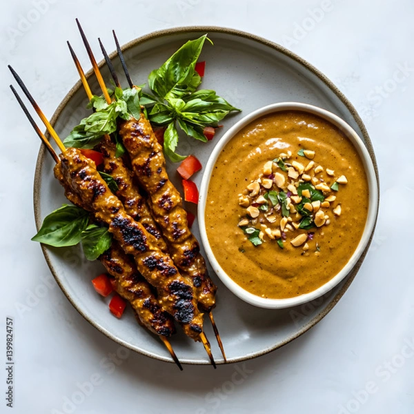 Fototapeta Grilled chicken satay with peanut sauce home kitchen food photography modern setting top-down view culinary delight
