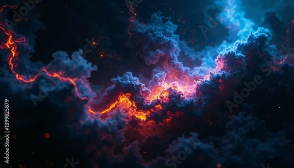 Fototapeta Cosmic nebula swirls display titanium textures, blue, purple, red, orange hues amidst dark space.