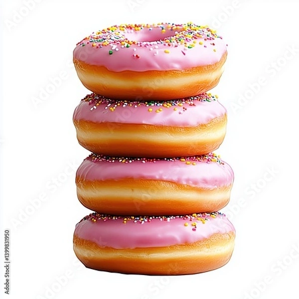 Fototapeta Delicious Stack of Pink Frosted Donuts with Colorful Sprinkles on a White Background
