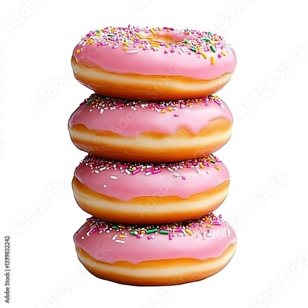 Fototapeta Delicious Pink Frosted Donuts Stacked High with Colorful Sprinkles on a White Background

