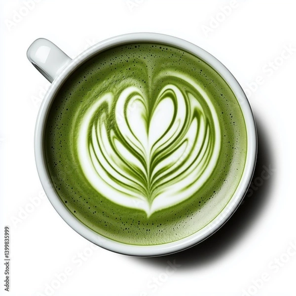 Fototapeta Delicate Heart-Shaped Latte Art in a Smooth Green Matcha Cup Against a White Background
