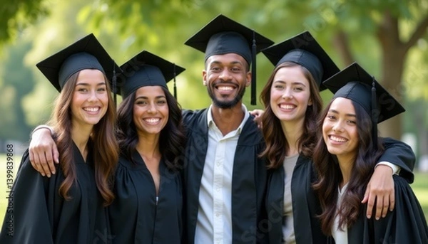 Fototapeta A group of five cheerful graduates, three women and two men, stand together in their black caps and gowns, radiating happiness. Their smiles and camaraderie capture the essence of accomplishment and