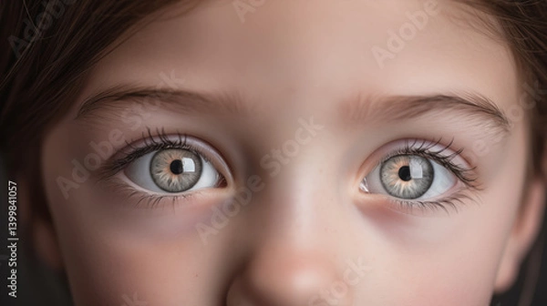 Obraz A close up shot of a young girl with light gray eyes looking directly at the camera with a soft expression