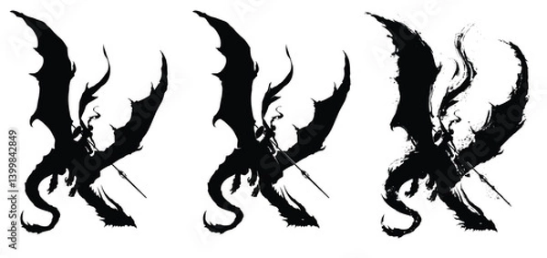 Obraz A knight in armor with a spear and shield riding a dragon. He flies fearlessly, preparing for battle. A long cloak flutters in the wind. Black blob silhouette, dynamic composition. 2d art