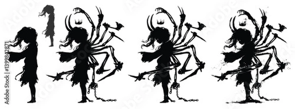 Fototapeta A sinister silhouette of a demon girl with long horns and many bony arms behind her back, which protrudes from her spine and clutches various weapons. Girl The martyr points to the victim. 2d art