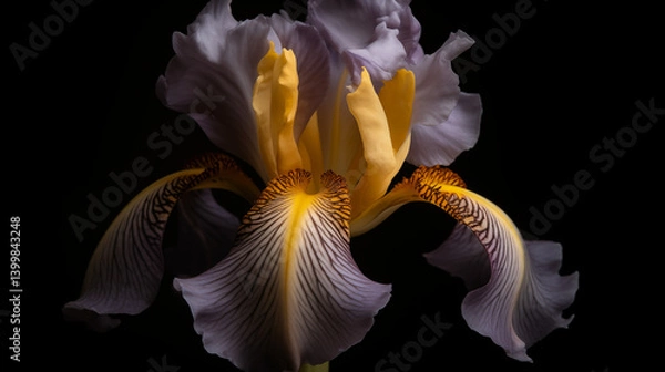 Obraz Close up of a blooming iris flower with yellow and purple petals against a black background space for text