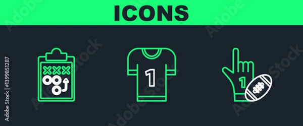 Obraz Set line Number 1 one fan hand glove with finger raised and american football ball, Planning strategy concept and American jersey icon. Vector