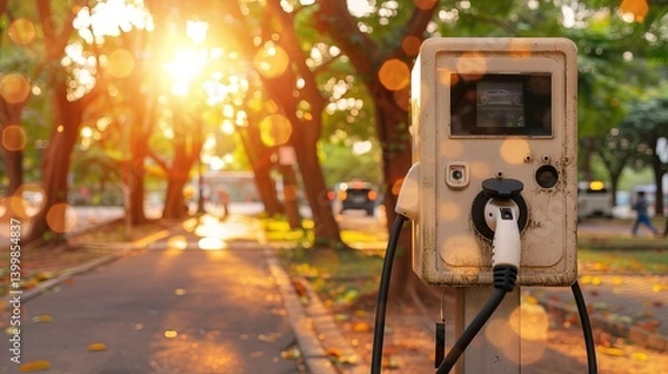 Fototapeta EV charger in a park with warm light illuminating the pathway on a sunny day