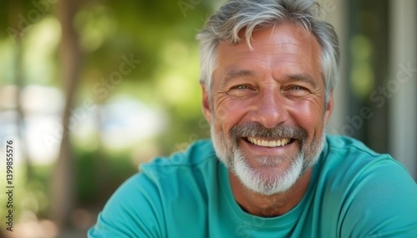 Fototapeta A joyful older man with a distinguished gray beard and bright smile radiates warmth and positivity against a lush green background. His relaxed demeanor and vibrant turquoise shirt create an inviting