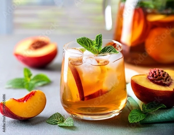 Fototapeta 桃とハーブのアイスティー