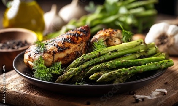 Fototapeta Grilled chicken breast with herbs served alongside asparagus on a plate, surrounded by garlic and spices.