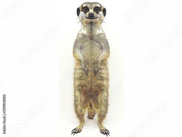 Fototapeta Upright meerkat, facing the camera. Standing, looking curious, against white background