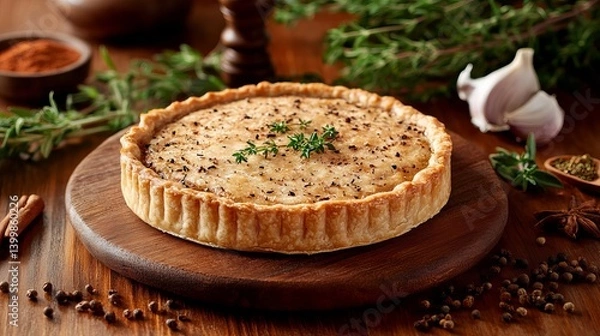 Fototapeta Experience the rich flavors of a freshly baked Scotch pie presented on a rustic wooden plate with herbs and spices for National Tartan Day