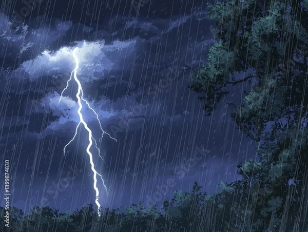 Fototapeta Dramatic thunderstorm painting depicts lightning bolts, dark clouds, and heavy rain over trees