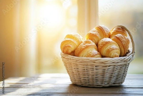 Fototapeta Basket of flaky croissants on rustic table in warm morning light