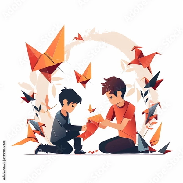Fototapeta Two boys making origami cranes, in a flat illustration style, simple and cute, on a white background. Square banner for social media posts or prints. 